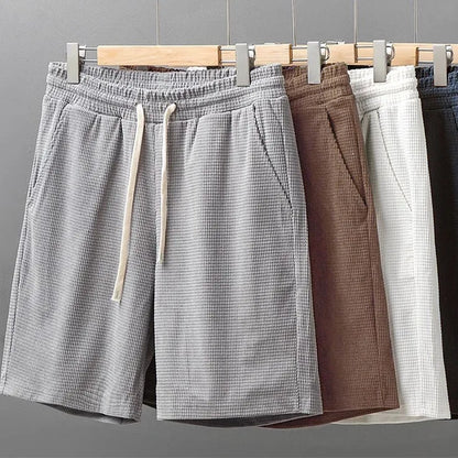Men Shorts Solid Color Mid Waist Summer Motion Waffle Texture Deep Crotch Drawstring Male Shorts Loose Knee Length Casual Short
