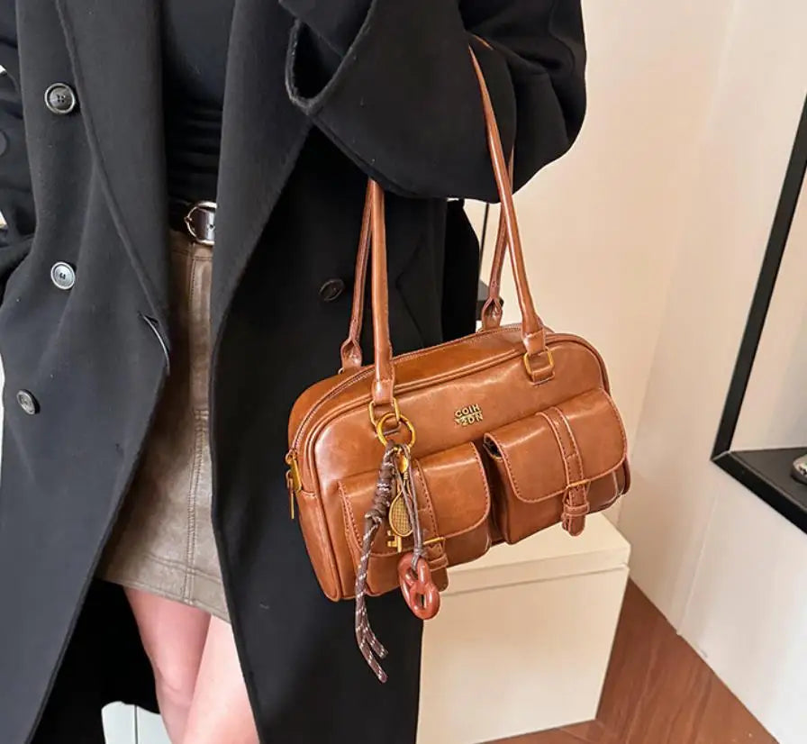 Women's Coffee Brown Multi-Pocket Handbag Shoulder Bag, Stylish Versatile Letter Crossbody Purse for Travel Work Shopping Dates