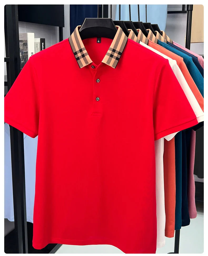 Fashion brand plaid lapel short sleeve polo shirt men summer new style simple solid color high-end business casual golf T-shirt
