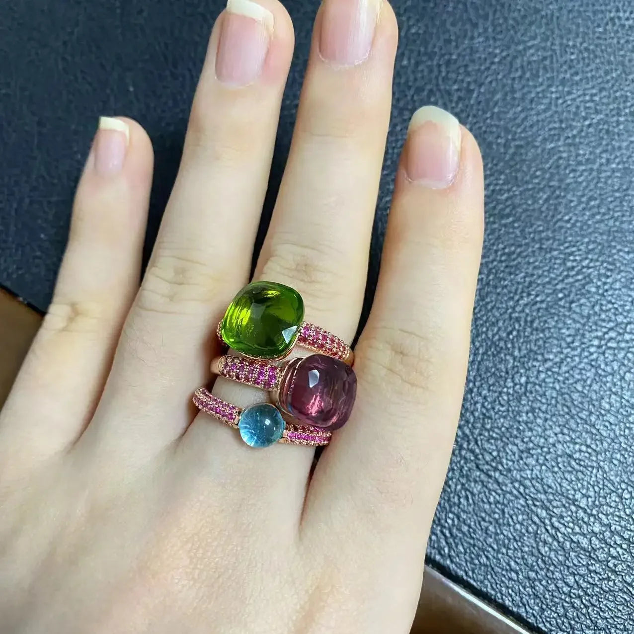 Conjunto de 3 anéis empilháveis ​​Nudo para mulheres, conjunto com cores mistas, cristais tipo bala incrustados, zircônia, ametista, topázio azul, joia redonda, presente