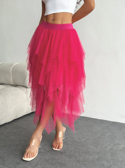 Ladies' high waisted elastic waist layered chiffon midi skirt with irregular asymmetric hem party casual mesh fairy ballet skirt