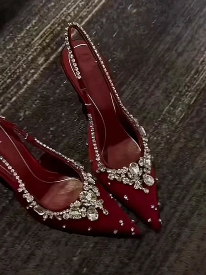 Luxury Diamonds Designer High Heels Women Satin Pointy Toe Pumps Rhinestone Sandals Female Shiny Sexy Wedding Dress Party Shoes