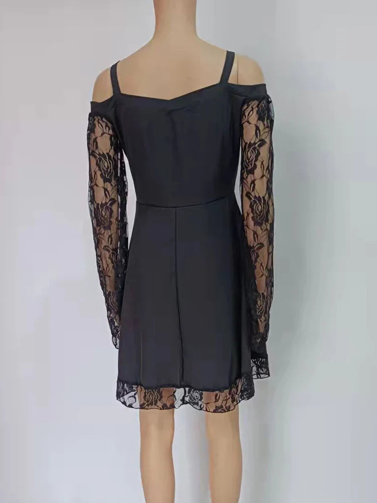 One-shoulder Lace Stitching Flared Sleeve Dress Literary Vintage Autumn Grunge Black A-line Dress Punk Partywear