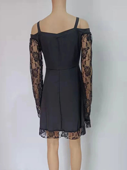 One-shoulder Lace Stitching Flared Sleeve Dress Literary Vintage Autumn Grunge Black A-line Dress Punk Partywear