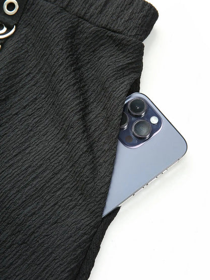 Plus Size Women Casual Skirts Black Elastic Wais Textured Strap Buckle Grommet A Line Skirt With Pocket