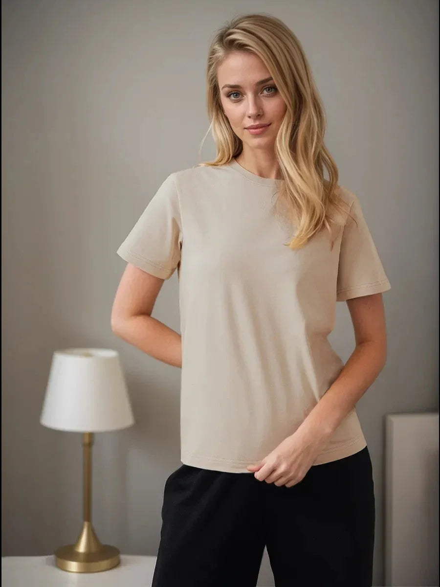 Summer 100% Cotton Women's T-shirt Bottoming Basic Fashionable Lady Short Sleeve Loose Tops Shirts Solid 230g/㎡ Tops