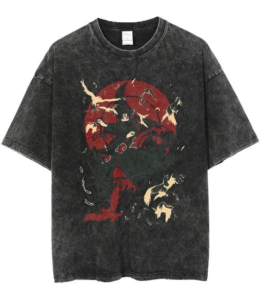 Men's oversized Uchiha Sasuke anime printed cotton T-shirt retro washed street wear summer casual 2025 summer anime fans