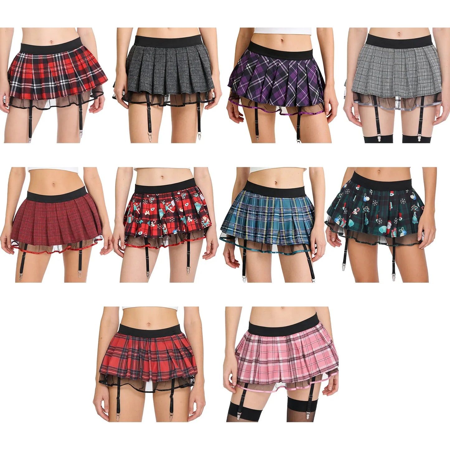 Women's Miniskirt with Garters Schoolgirl Cosplay Costume Plaid Layer with Tulle Lining Elastic Waistband Short Skirt Clubwear