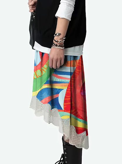 2024 Summer New Print Retro Midi Half Skirt Women's Elegant Lace Lower Half Colored Printed Half Skirt