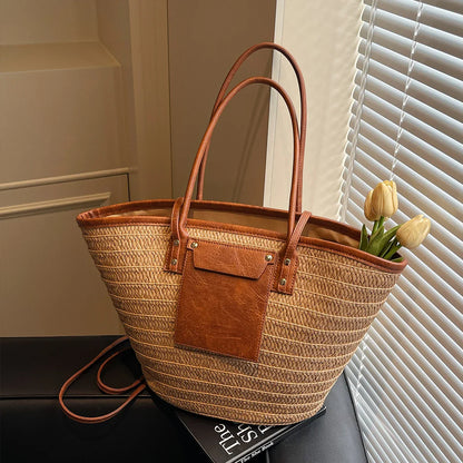 Single-Shoulder Bag, Forest-Style Straw Woven Bag for Women, Beach Vacation Woven Beach Bag, Summer Handmade Bag, New Style to Match with Skirts, Large Tote Bag for Commuting, Work, and Travel