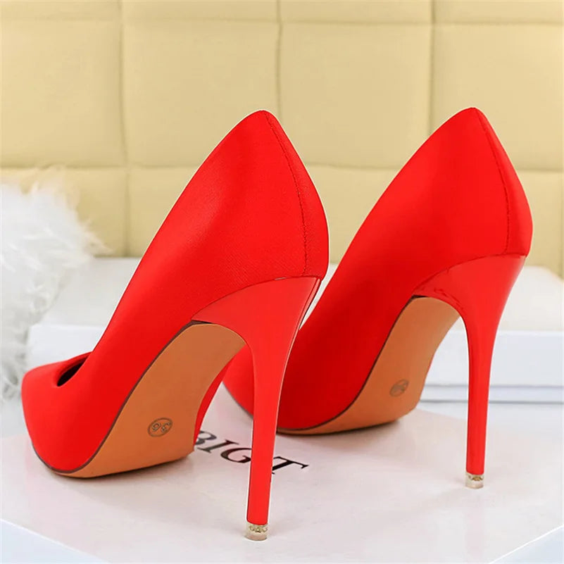 Women 7.5cm 10.5cm High Heels Scarpins Silk Satin Pumps Lady Quality Green Purple Fetish Wedding Bridal Mid Low Heels Prom Shoes