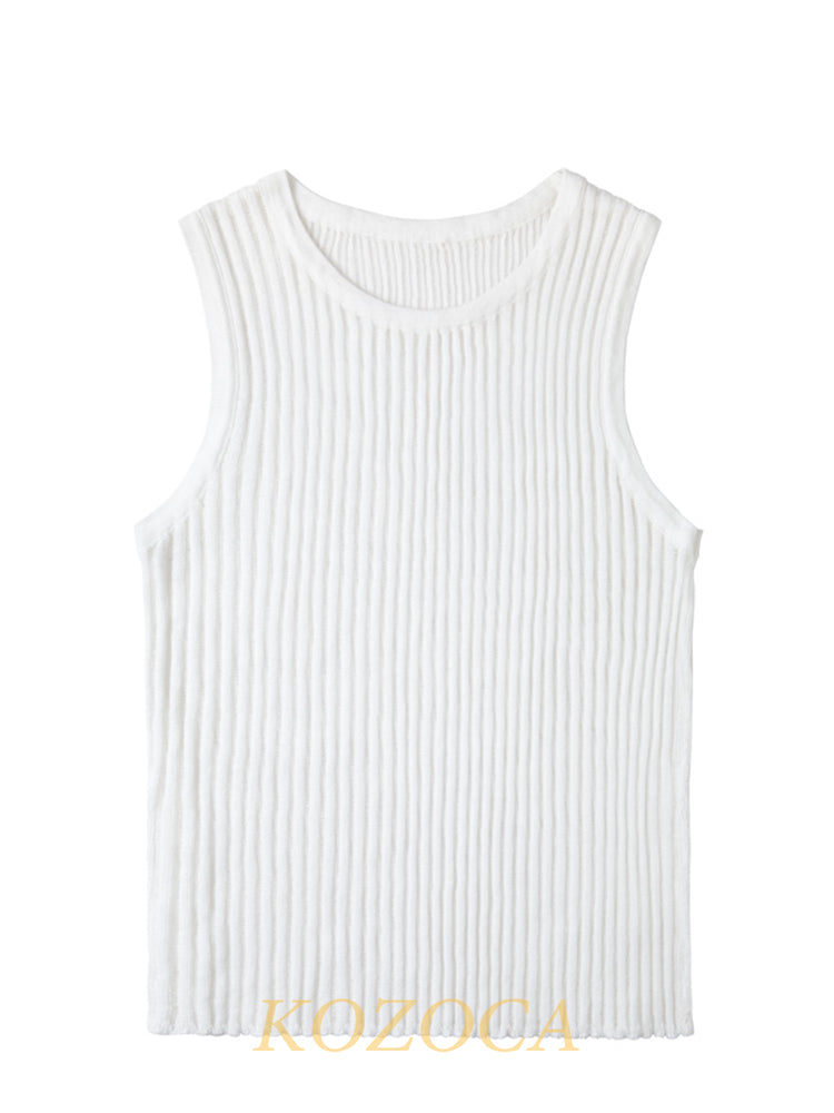 100% Wool Chic Solid Tanks Elegant Striped See Through Hollow Out Women Tops Sleeveless Elastic Tops Club Party Clothes