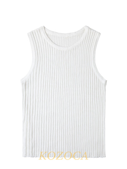 100% Wool Chic Solid Tanks Elegant Striped See Through Hollow Out Women Tops Sleeveless Elastic Tops Club Party Clothes