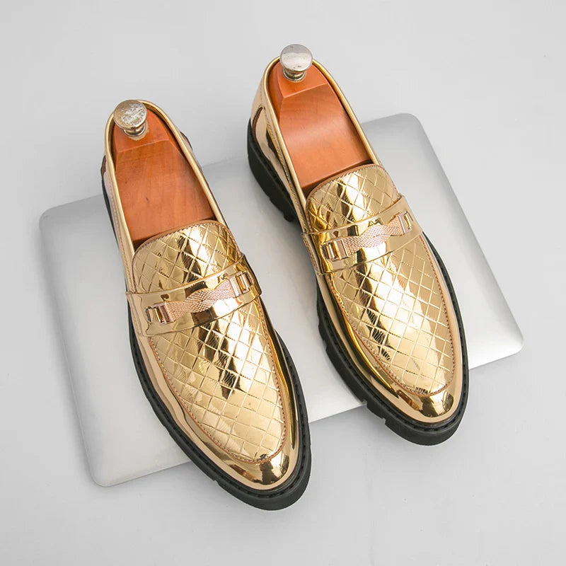 British Style Gold Luxury Loafers For Man Leather Shoes Design Pointed Toe Men's Dress Shoes Casual Wedding Formal Shoes Men