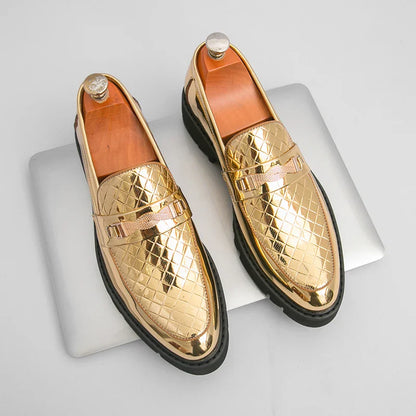 British Style Gold Luxury Loafers For Man Leather Shoes Design Pointed Toe Men's Dress Shoes Casual Wedding Formal Shoes Men