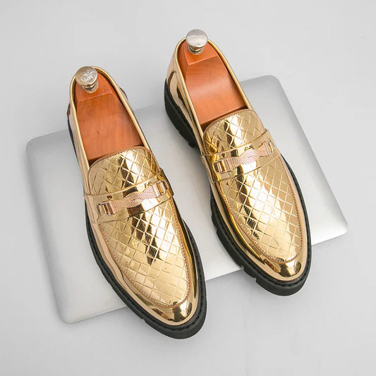British Style Gold Luxury Loafers For Man Leather Shoes Design Pointed Toe Men's Dress Shoes Casual Wedding Formal Shoes Men