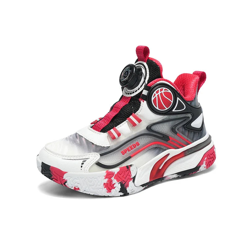 Children's basketball shoes boys' waterproof leather surface rotating buckle anti-slip and shock-absorbing student sports shoes