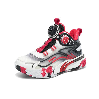 Children's basketball shoes boys' waterproof leather surface rotating buckle anti-slip and shock-absorbing student sports shoes