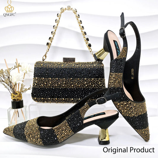 Ladies High Quality Women's Pumps Black Gold Shoes and Bag Set DURABLE OUTSOLE Italian Fashion Design For Nigeria Wedding