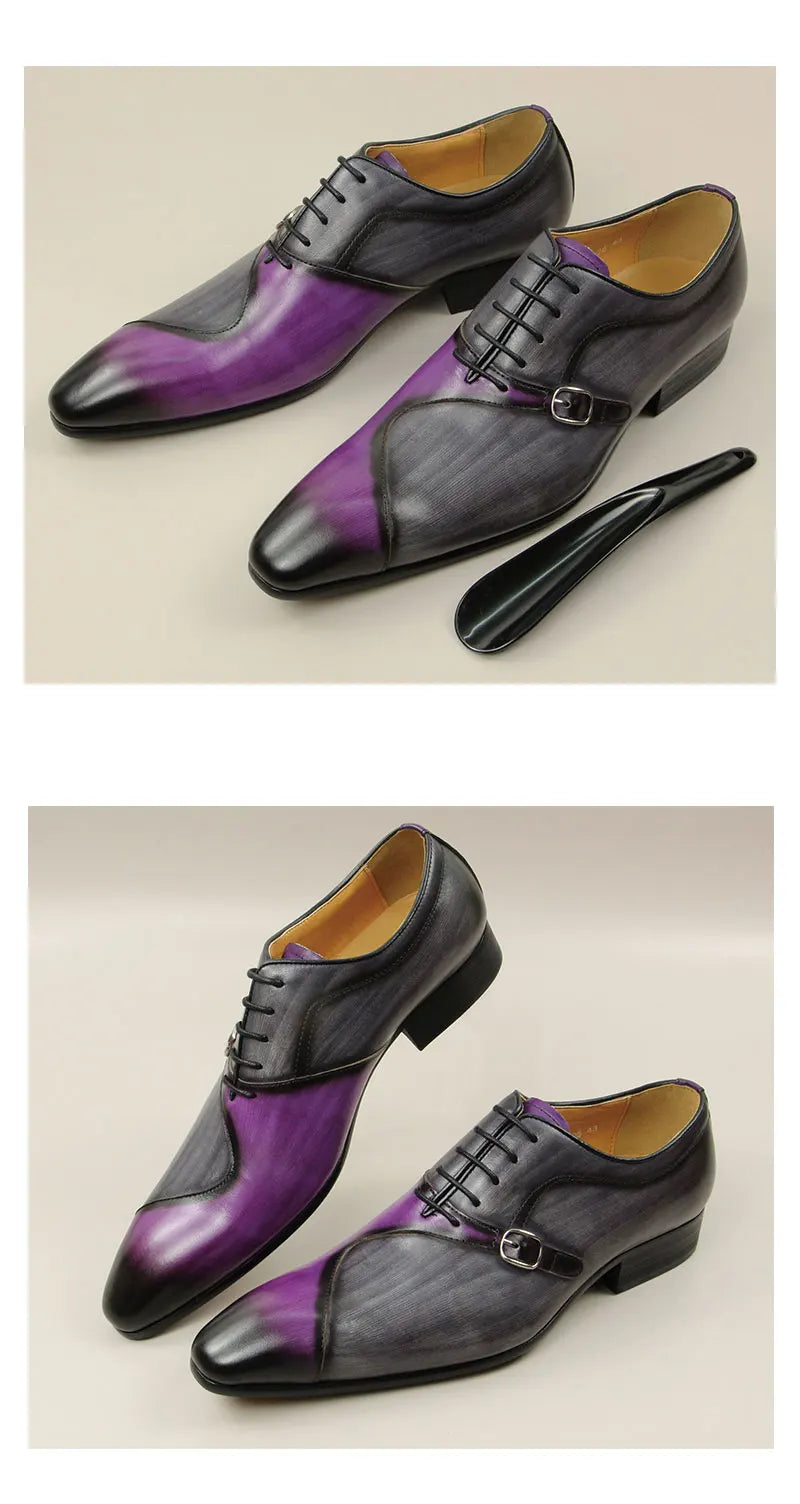 Men Leather Shoes High Quality Oxford Lace Up Side Metal Buckle Gray Purple Color Matching Handmade Business Office Formal Shoes