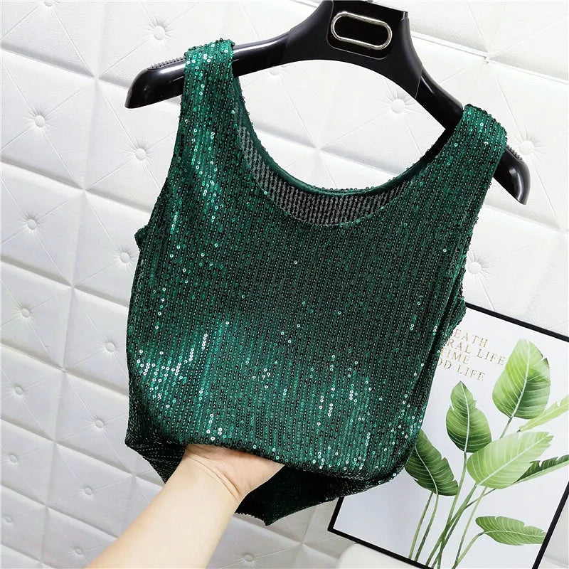 Sparkling Sequins Round Neck Vest Women's Outer Wear 2022 Summer New Bright Silk Fashion Glitter Bottoming Shirt Suspender Top