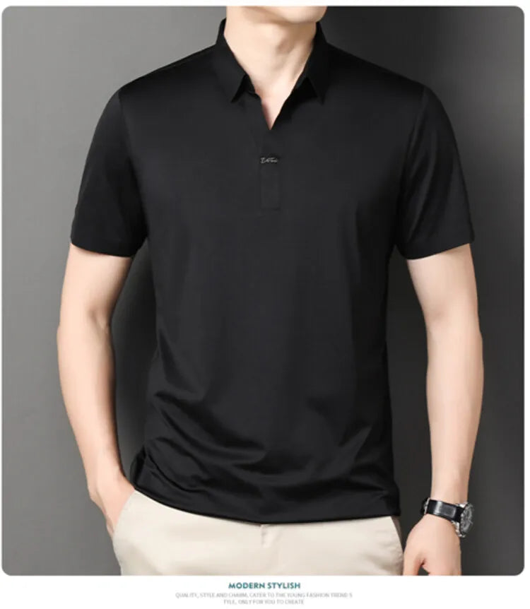 2024 High-quality Elastic Stretch POLO, Business Casual Men's Short-sleeved Shirt, Seamless V-neck M-4XL Men's Polo Shirt
