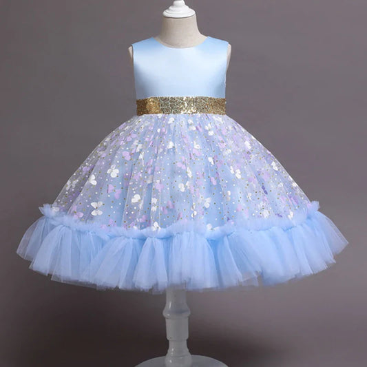 Vestidos Elegantes de Princesa com Estampa de Borboleta e Flores para Bebês, Meninas, Festas, Tutu, Lantejoulas, Casamento, Noite, Roupas Infantis