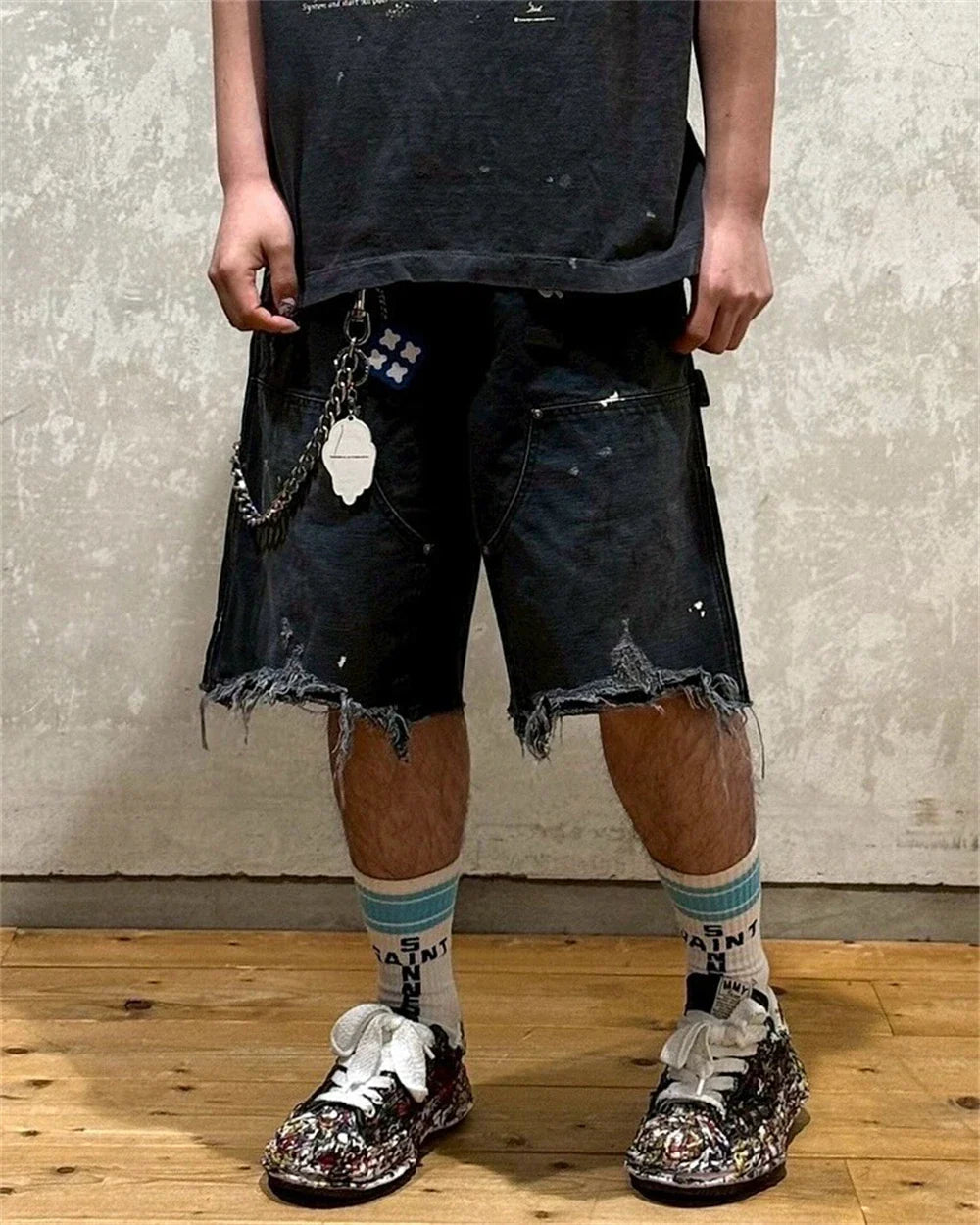 Black Nice Washed Damaged Saint DOUBLE KNEE Zipper Denim Shorts Men Women Oversized Shorts