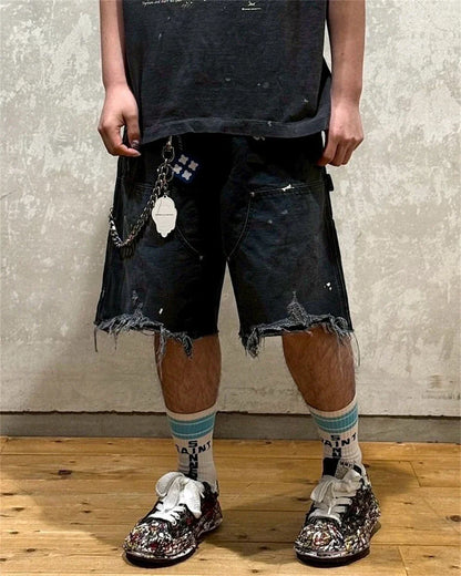 Black Nice Washed Damaged Saint DOUBLE KNEE Zipper Denim Shorts Men Women Oversized Shorts