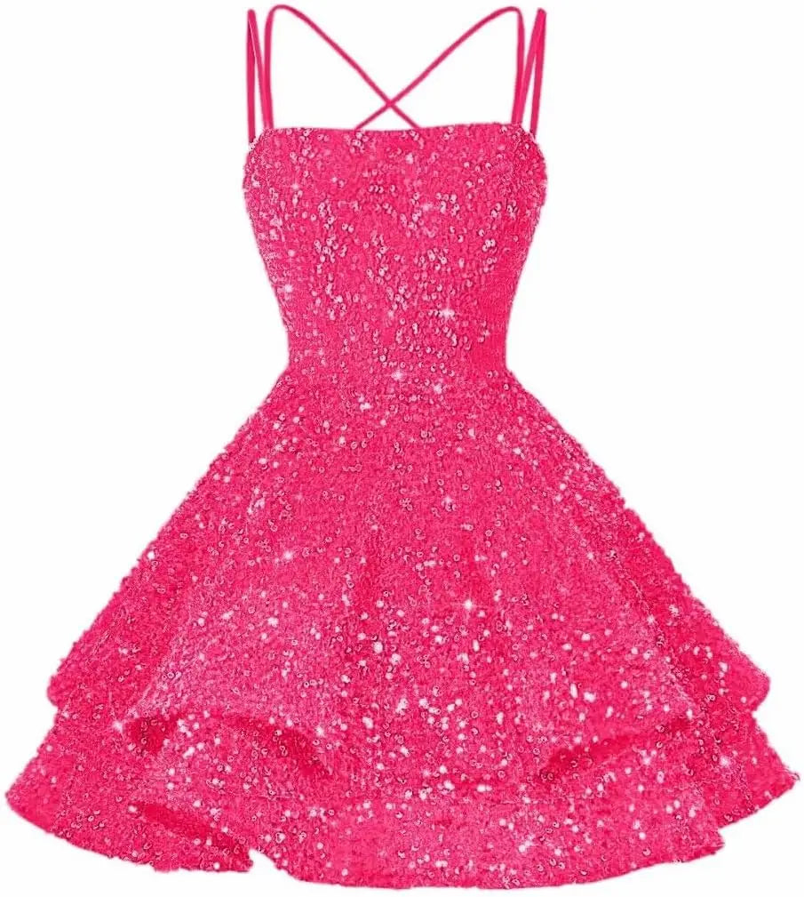 Sequin Short Square Neck Homecoming Dress for Teen Sparkly Prom Dress Sweet 16 Photo Shoot Cocktail Gowns Graduation Dress