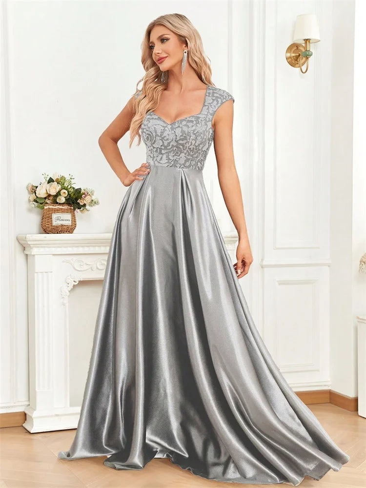 Vestido Longo Preto Elegante com Lantejoulas para Noite Feminino 2025 Luxuoso Decote U Cetim Formatura Festa Coquetel