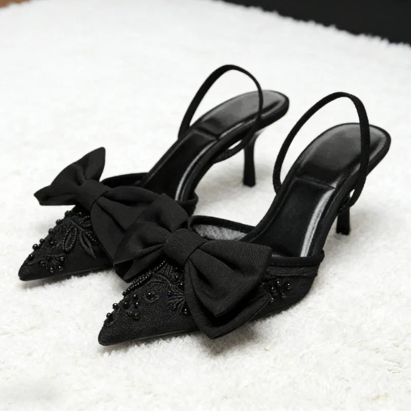 Black Mesh Beaded Decoration Heeled Sandals Women Sexy Pointed Toe Slingbacks Thin High Heels Elegant Bow Designer Women Pumps