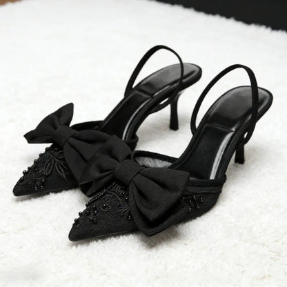 Black Mesh Beaded Decoration Heeled Sandals Women Sexy Pointed Toe Slingbacks Thin High Heels Elegant Bow Designer Women Pumps