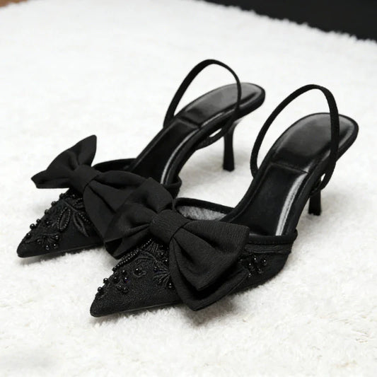 Black Mesh Beaded Decoration Heeled Sandals Women Sexy Pointed Toe Slingbacks Thin High Heels Elegant Bow Designer Women Pumps