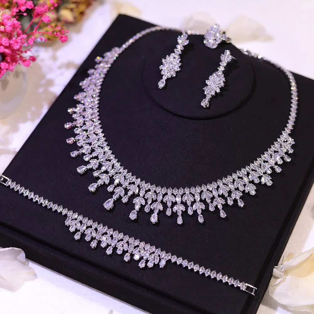 Dubai Jewelry Sets Leaf Design Bridal Necklace Earring Set 5A Cubic Zirconia Femme Ladies Wedding Accessories