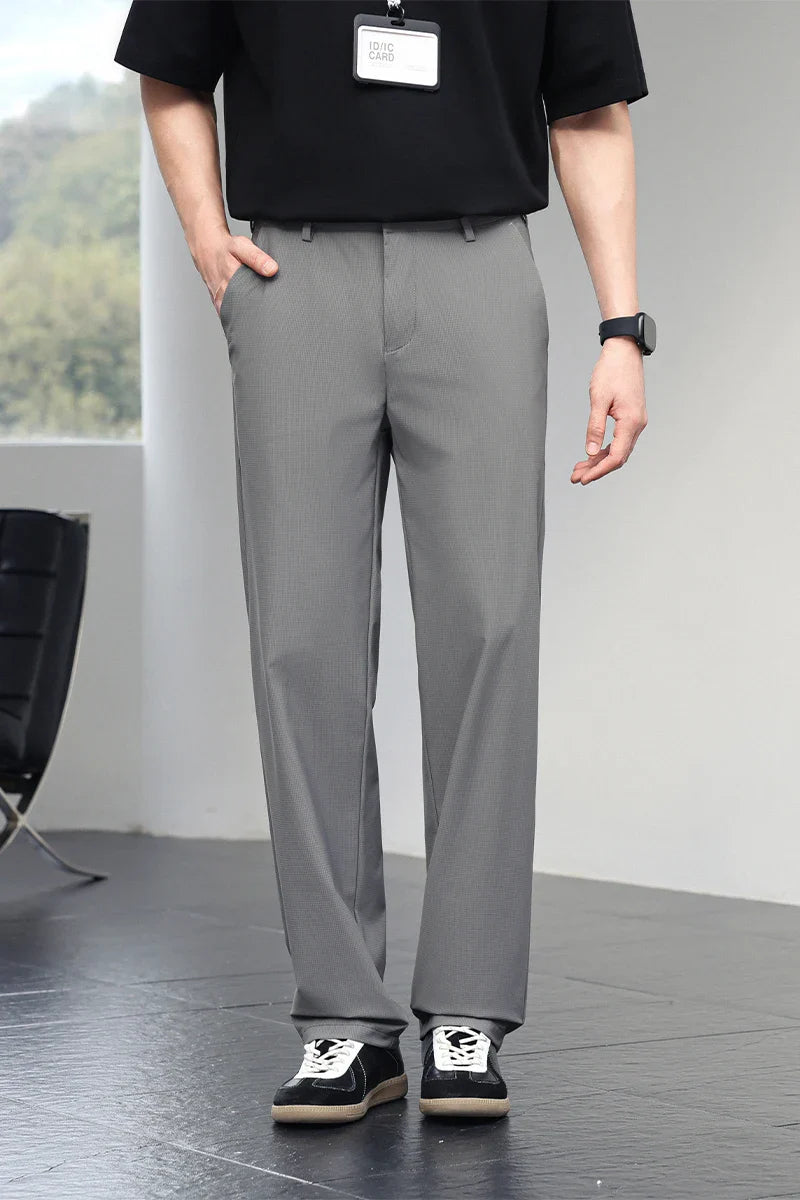 Men's Ice Silk Trousers High Stretch Micro-Grid Straight Leg Pants Business Casual Breathable YKK Zip Quick Dry Slacks 2026