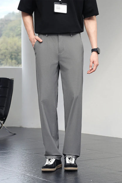 Men's Ice Silk Trousers High Stretch Micro-Grid Straight Leg Pants Business Casual Breathable YKK Zip Quick Dry Slacks 2026
