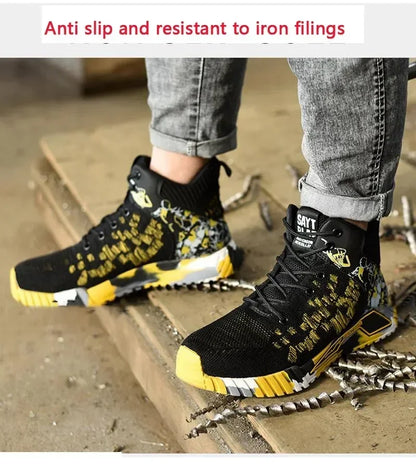 Men's All Seasons Safety Shoes Breathable Flying Woven Steel Toe Cap Impact Resistant Puncture Proof mid Cut Sneakers