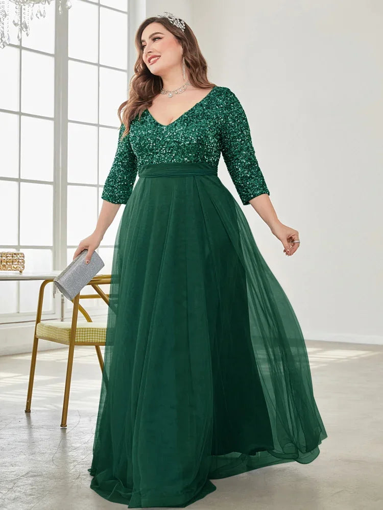Plus Size Luxury Floor Length V-Neck Evening Dress Women Elegant Party Maxi Dress Sequins Short Sleeves Prom Cocktail Gowns