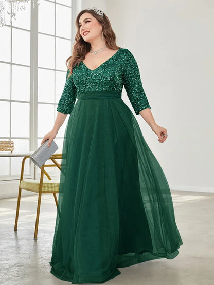 Plus Size Luxury Floor Length V-Neck Evening Dress Women Elegant Party Maxi Dress Sequins Short Sleeves Prom Cocktail Gowns