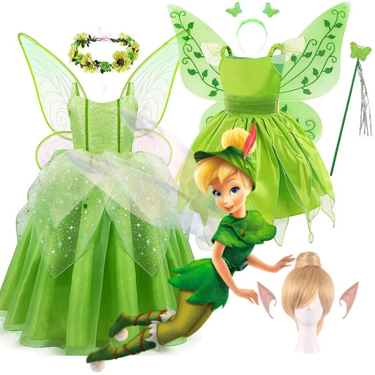 Girls Cosplay Green Fairy Tinker bell Dress Kids Princess Flower Fairy Wings Costume Party Tinkerbell Tinker Bell Dresses