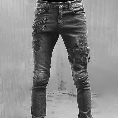Men's Retro Moto Biker Straight Elastic Jeans Zipper Distress Hole Punk Skinny Denim Cargo Pants Streetwear Y2K Hombre Trousers