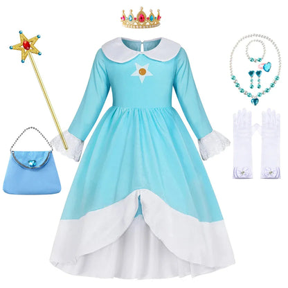 Rosalina Dress Girls Peach Cosplay Kids Party Princess Costume Birthday Blue Dresses Children Clothing