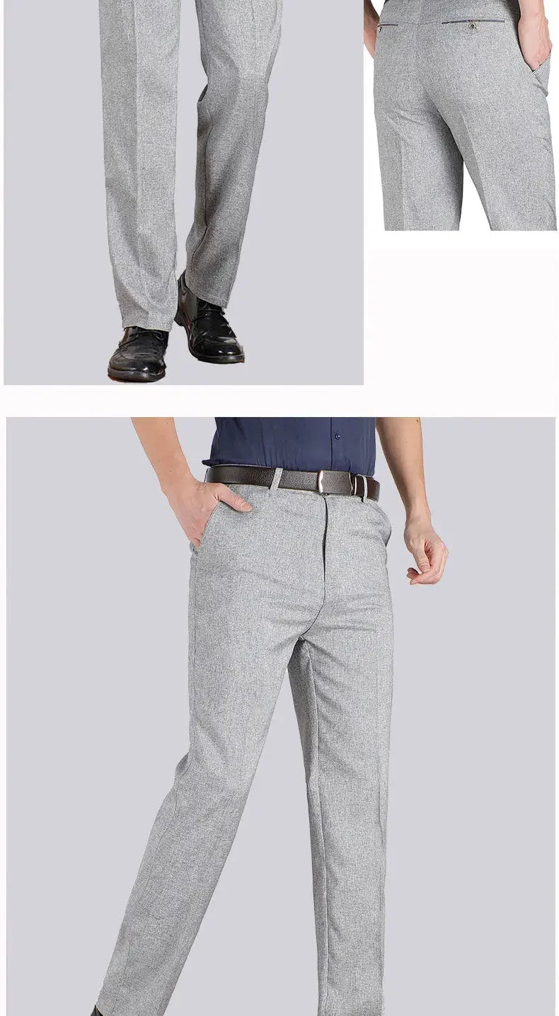 New Arrival Mens Casual Business Pants Man Mid Full Length Soft Trim Brand Trousers Regular Straight Black Grey Large Size 28-40