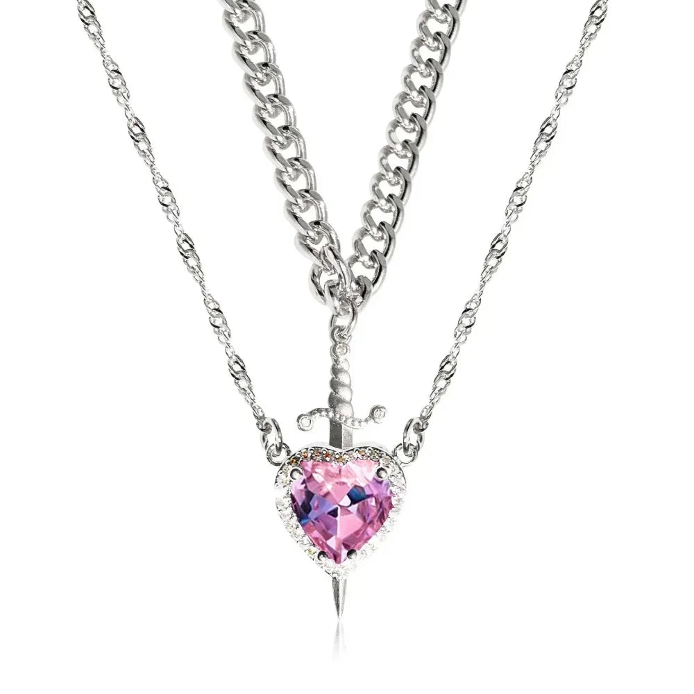 Couple Necklace Heart and Sword Pendant Necklace for Women Gothic Punk Romantic Valentine Day Jewelry Gifts Accessories
