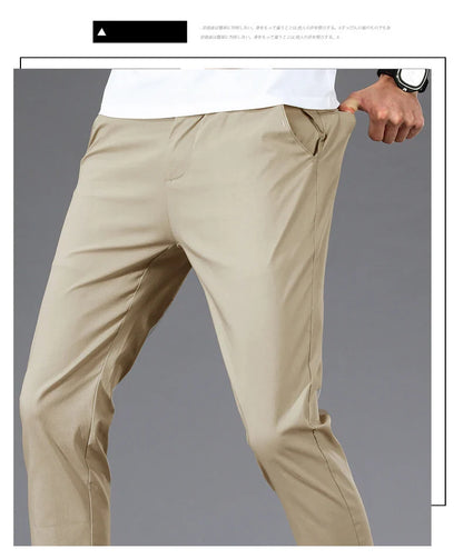 Business Thin Men's Breathable Pants Slim Straight High Elastic Slim Casual Pants Male Brand Clothing Khaki Gray Green Black
