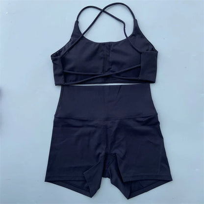Yoga Shorts Set Gym Two Piece Sports Set Women Workout Outfit Fitness Suit Cross Straps Bra High Waist Shorts Running Tracksuit