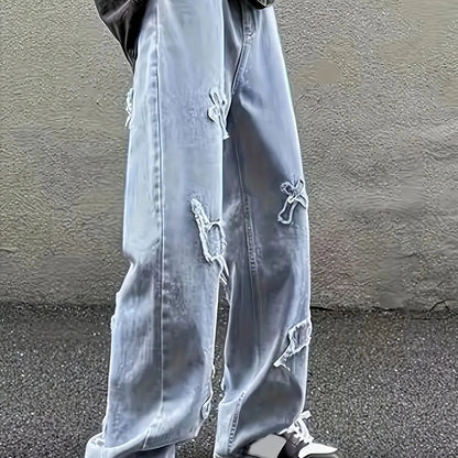 Men's jeans patch lightning jeans men's loose jeans worn-out jeans