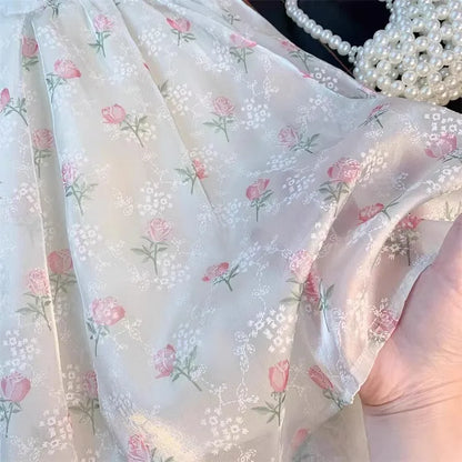 2 3 4 5 6 8 Years Girls Princess Dress Summer New Full Print Flowers Puff Sleeve Bow Mesh DresseTutu Birthday Party Gown