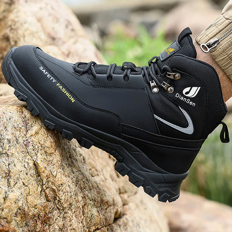 Men Work Boots Puncture-Proof Waterproof Work Shoes Steel Toe Safety Boots Industrial Indestructible Boots Side Leather Shoes